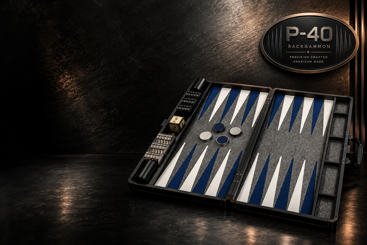 P-40 backgammon board open on a dark surface, with a gray field, blue and white points and the P-40 badge